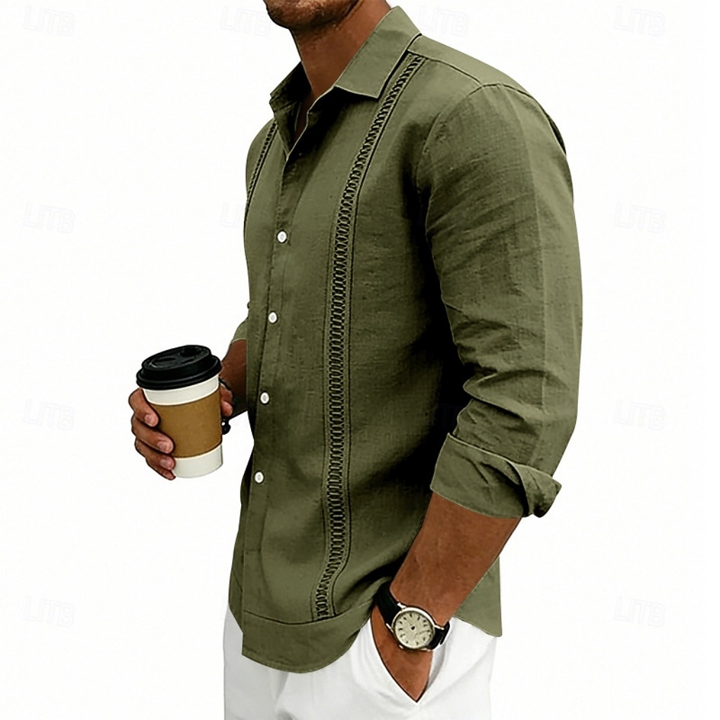 Herren Hemd Leinenhemd Sommerhemd Strandhemd Einfach Lässig Urlaub Schwarz Weiß Marineblau Khaki Langarm Umlegekragen Sommer Frühling Bekleidung Patchwork 2026 - $25.99 –P14
