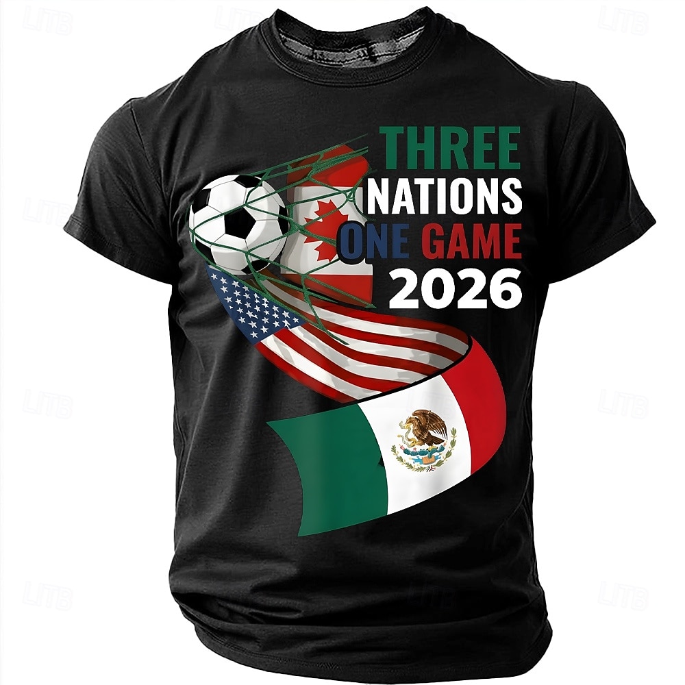 Coppa di calcio 2026, tre nazioni, partita unica 2026, USA, Canada, Messico, pallone da calcio, porta, rete, Nord America, torneo di calcio, maglietta sportiva per tifosi, grafica, vestibilità del 2026 a $19.99 –P1