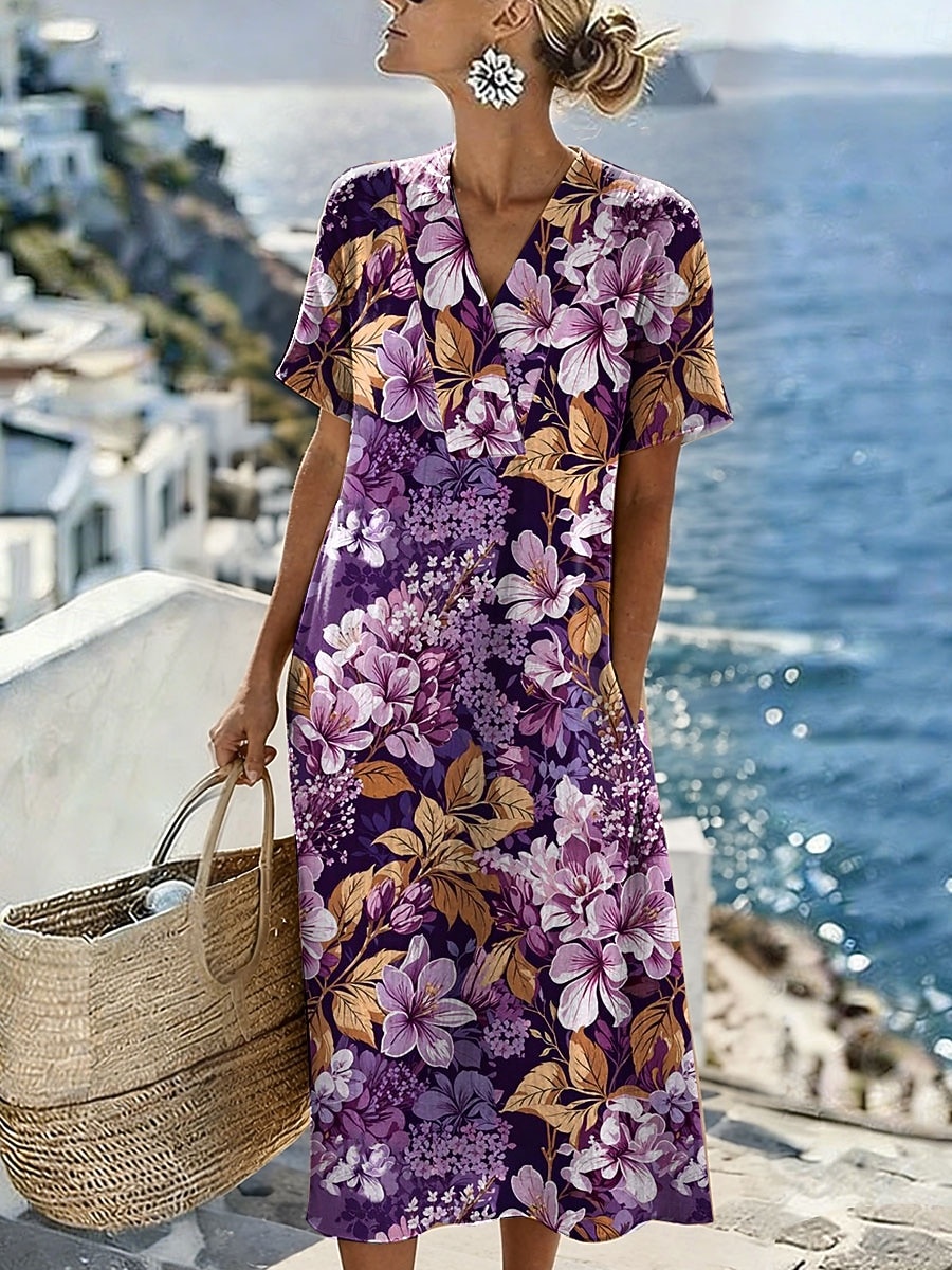 Pentru femei Rochii Midi Rochie de schimb Rochie de Vară Vacanță Casual Stiluri de Plajă Potrivire Largă Floral Grafic Manșon scurt În V Albastru piscină Roz Îmbujorat Roșu-aprins Mov Vară Primăvară 2026 - $39.99 –P2