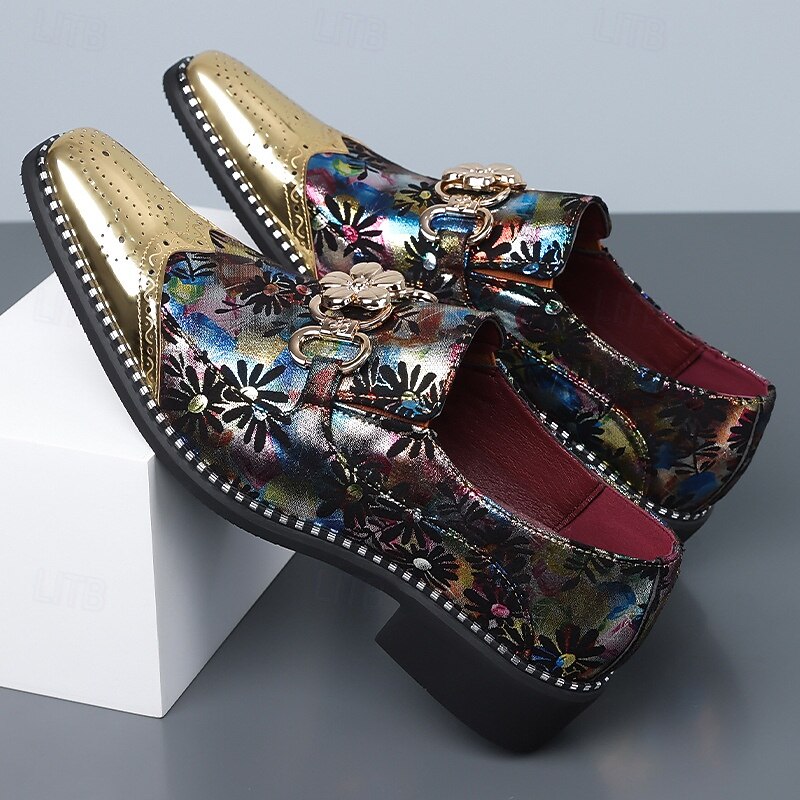 Geklede herenschoenen met bloemenprint, spitse neus en metallic neuskap, modieuze instappers voor stijlvolle mannen, ideaal voor feesten, bruiloften, banketten en podiumoptredens. 2026 - $54.99 –P2