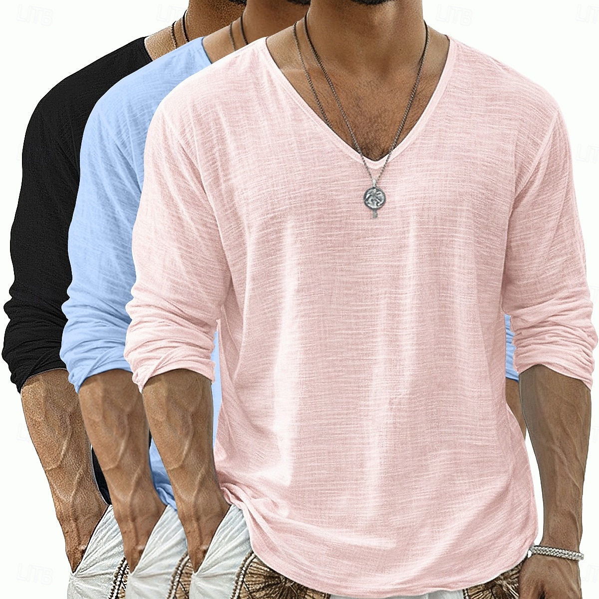 Per uomo Maglietta Maglietta in lino Manica Lunga Scollo a V Primavera & Estate Estate Primavera Tinta unica Semplice Quotidiano Casual Stile da Strada 3 pezzi Puro Confezione multipla Casuale del 2026 a $40.99 –P15