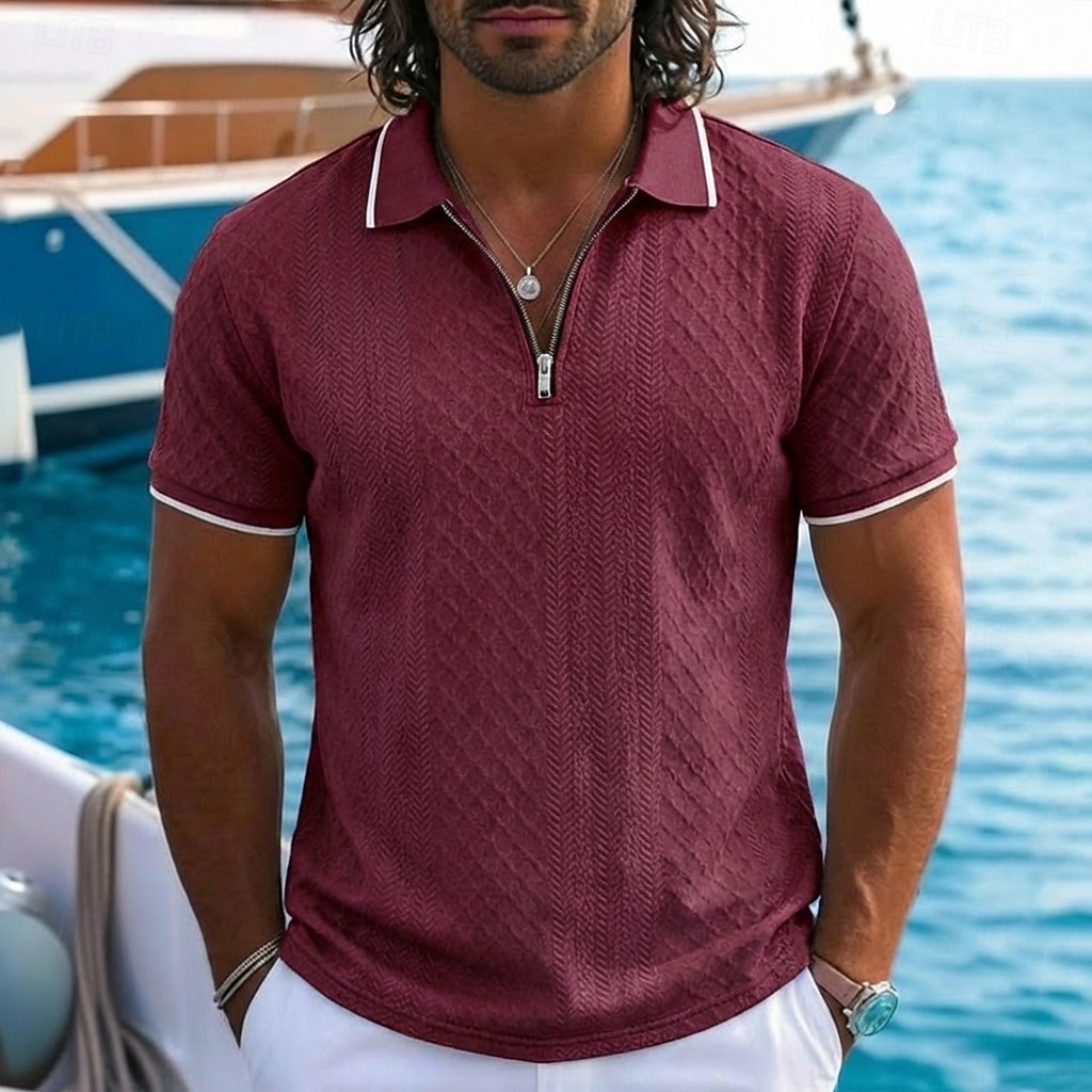 Homens Polo com zíper Textura Casual Feriado Lapela Quarter Zip Manga Curta Moda Básico Tecido Jacquard Quarter Zip Verão Normal Azul Claro Preto Branco Vinho Azul Marinha Caqui Polo com zíper de 2026 por $22.99 –P9