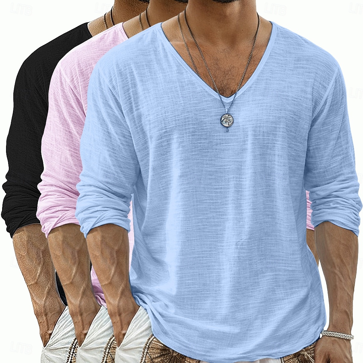 Per uomo Maglietta Maglietta in lino Manica Lunga Scollo a V Primavera & Estate Estate Primavera Tinta unica Semplice Quotidiano Casual Stile da Strada 3 pezzi Puro Confezione multipla Casuale del 2026 a $40.99 –P18