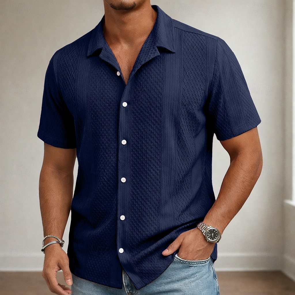 Men's Shirt Casual Shirt Button Up Shirt Jacquard Shirt Black White Pink Navy Blue Apricot Short Sleeve Plain Shirt Collar Casual Daily Clothing Apparel Elegant Fashion Casual 2026 - $26.99 –P5