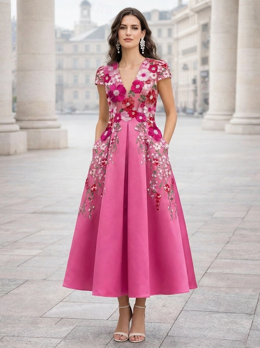 A-Line Ankle Length Tea Length Cocktail Dresses Elegant Vintage Floral Short Sleeve V Neck Garden Party Wedding Pink Dress Satin Tulle with Embroidered Flower Pleats Embroidery 2026 - $182.99 –P3