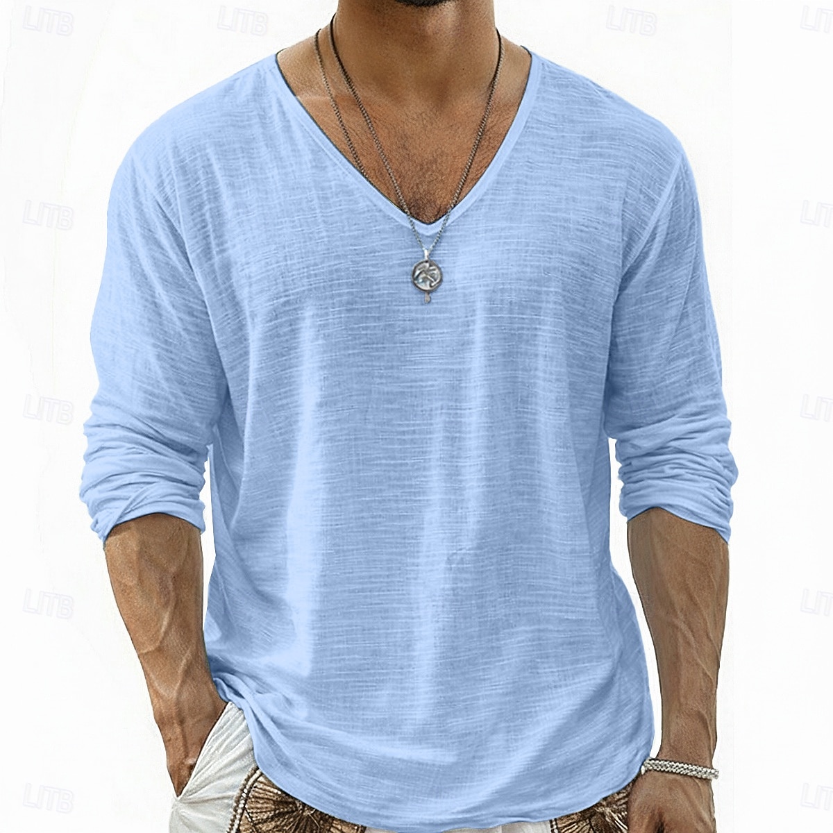 Муж. Футболка Футболка из льна Длинный рукав V-образный вырез Лето Весна Весна лето Сплошной цвет Полотняное плетение Повседневные На каждый день Уличный стиль Гладкая ткань 2026 - $20.99 –P5