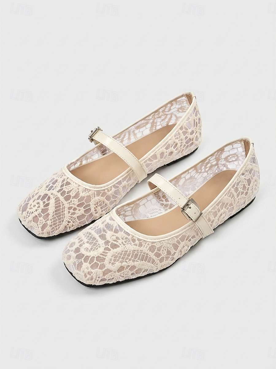Women's White Lace Mary Jane Flats - Breathable Square Toe Ballet Flats ...