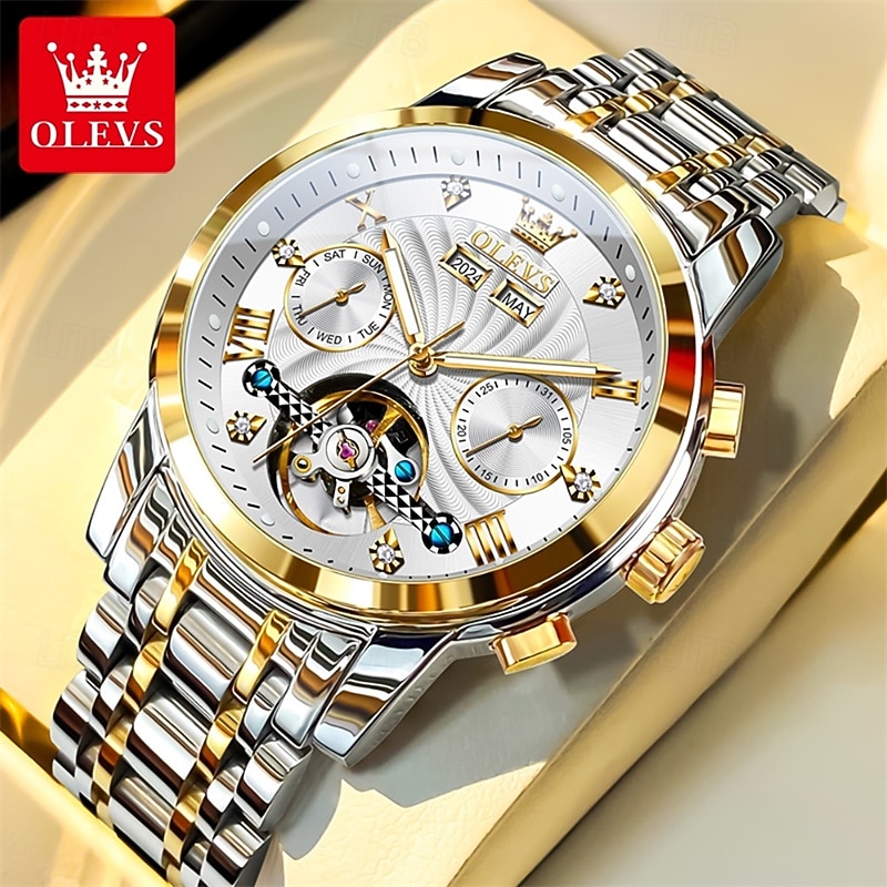 Orologio automatico da uomo Olevs Skeleton, lussuoso orologio da polso da lavoro bicolore in acciaio inossidabile con calendario multifunzione, orologio meccanico analogico luminescente impermeabile, del 2026 a $109.99 –P4
