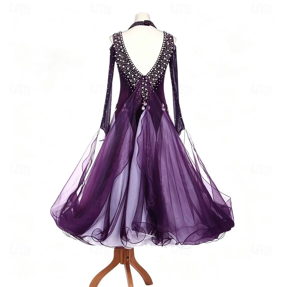 Ballroom Dance Dress Rhinestone Pleats Splicing Women's Party Training Performance Long Sleeve High Spandex Polyester 2026 - $460.39 –P3