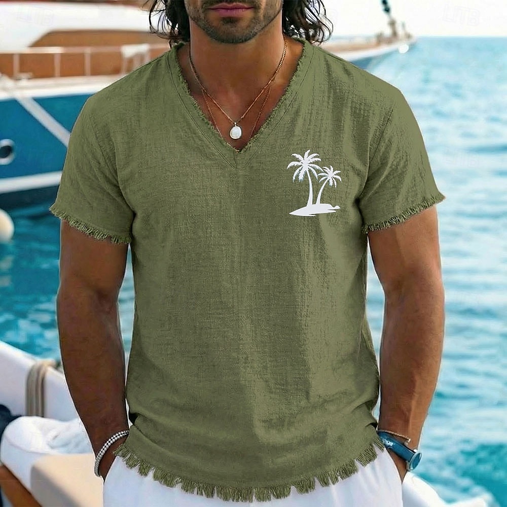 T-shirt homme style bohème côtier vintage, imprimé palmiers tropicaux, en coton et lin, col V, ourlet brut effiloché, coupe ample, idéal pour la plage, les vacances en bateau. Tailles S, M, L, XL, de 2026 ? $24.99 –P4