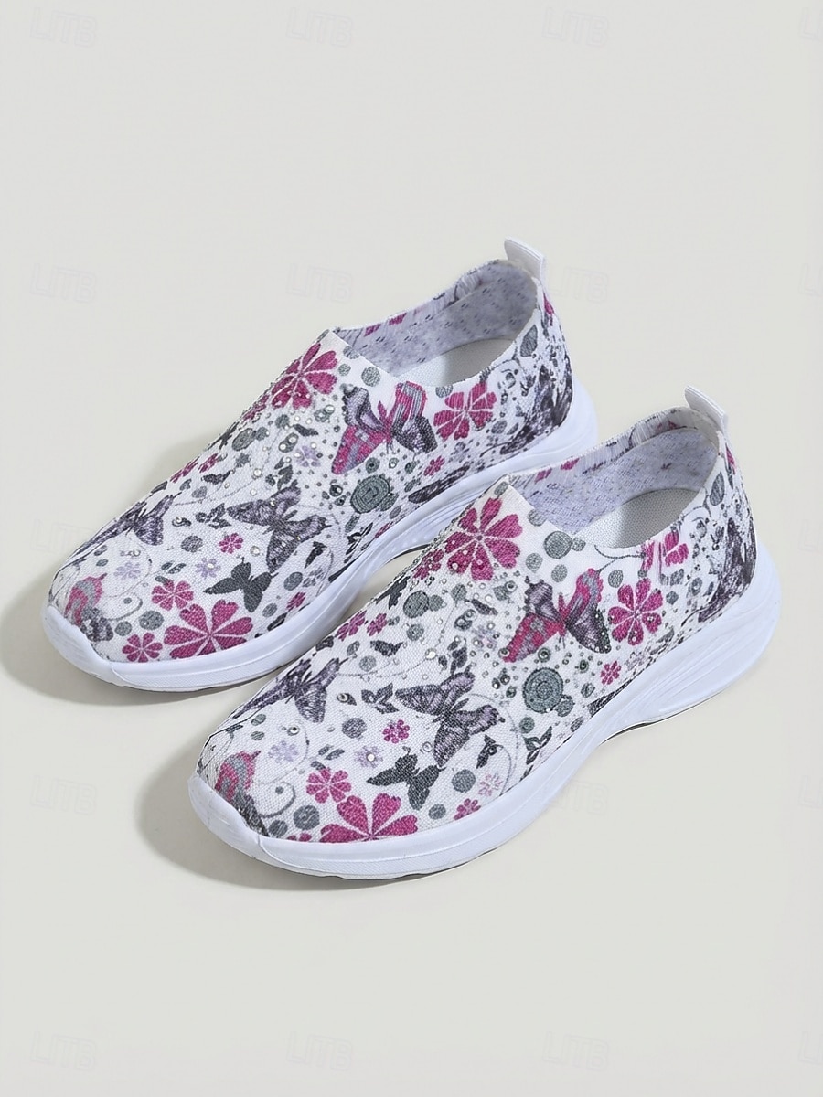 Women's Purple Butterfly Floral Print Sneakers, Breathable Knit Rhinestone Slip On Shoes, Comfortable Casual Walking Shoes for Daily, Vacation & Weekend 2026 - $26.99 –P4