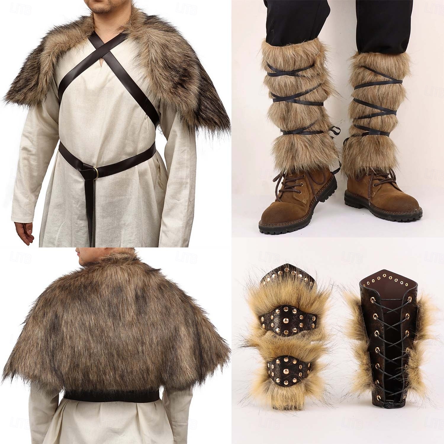 Setti Keskiaika Renessanssi Polvipituinen Asut Hieno puku Tekoturkispuku Soturi Barbaari Naamiaispuku Miesten Viikinki Halloween Karnevaali Suoritus LARP Ren Faire Aikuisten 2026 - $124.64 –P15