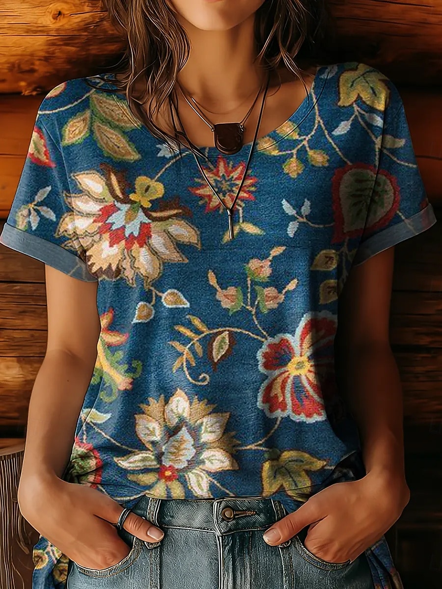 Women's T Shirt Print Floral Graphic Plants Vintage Stylish Casual Short Sleeve Crew Neck Round Neck Regular Tops Casual Daily Blue Pink Purple Summer Spring 2026 - $22.99 –P1