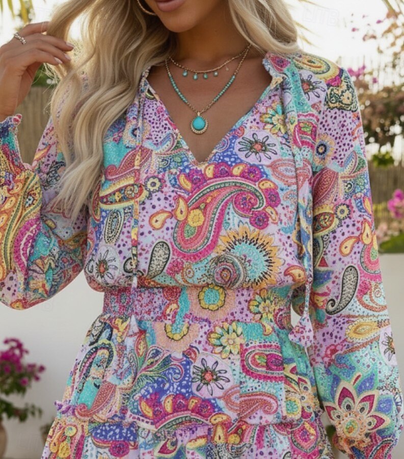 Dames Mini-jurk Boho-jurk Modieus Modern Dagelijks Buiten Vakantie Normale pasvorm Bloemig Luipaard Geometrisch Lange mouw V-hals Paars Zomer Lente 2026 - $24.99 –P2