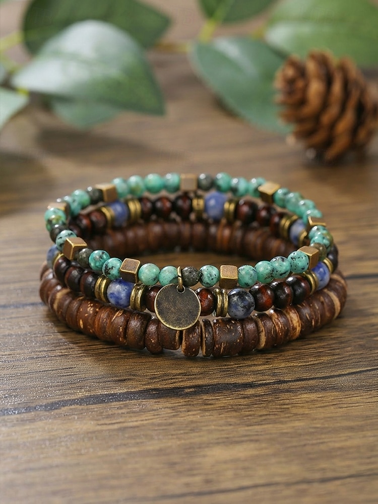 Σετ ανδρικών βραχιολιών μποέμ με τυρκουάζ κέλυφος καρύδας και ξύλινες χάντρες, 3 τεμάχια ελαστικά βραχιόλια που στοιβάζονται για διακοπές στην παραλία, casual καλοκαιρινά ρούχα και καθημερινή χρήση 2026 - $11.99 –P3