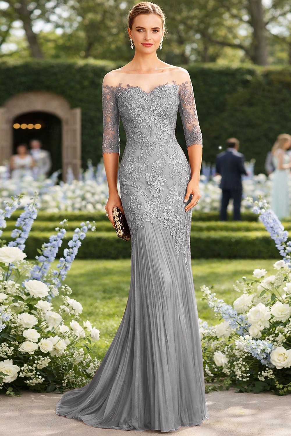 Syrena Tren sweep Suknia Suknia wieczorowa Sukienka dla matki panny młodej Rękaw 1/2 Łódeczka Elegancja Formalny Gość weselny Koronka Tiul z Haft nakładany 2026 - $208.99 –P11