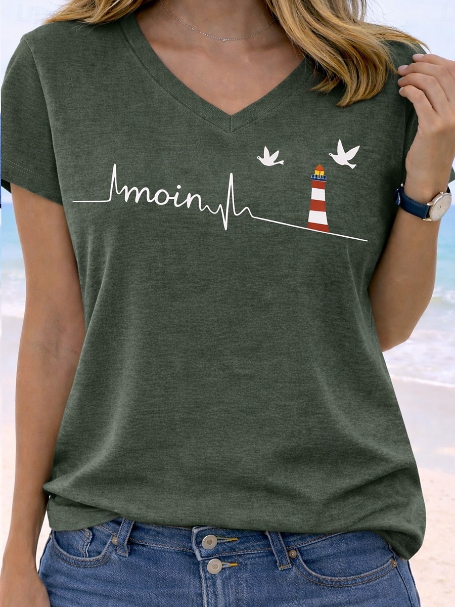 Per donna Maglietta Stampato Grafico Lettera Squadra di calcio Elegante Classico Casual Manica Corta Scollo a V Top Regolari Casuale Quotidiano Blu Verde con beige Nero Verde chiaro Estate Primavera del 2026 a $21.99 –P1
