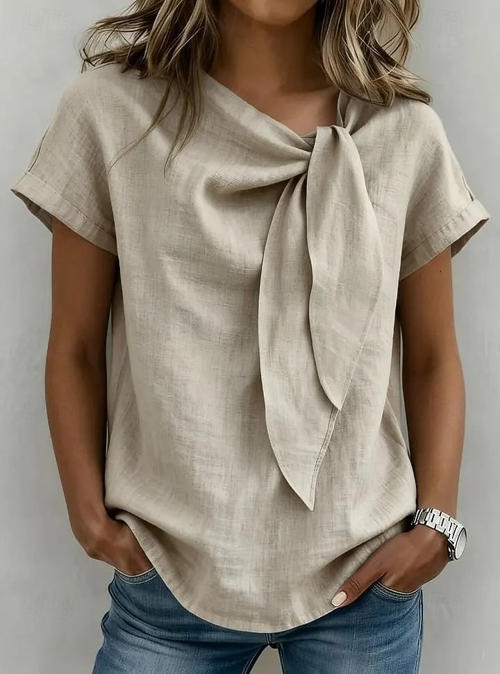 dame t-skjorte med linfølelse ensfarget klassisk avslappet korte ermer rund hals vanlig topper avslappet daglig helg svart gul rød khaki sommer vår 2026 - $25.99 –P1