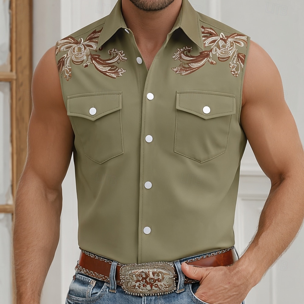 Homens Estampa floral Vintage camisa ocidental Camisa de caubói camisa sem manga Sem Manga estilo ocidental Ao ar livre Trabalho Casual Verão Primavera Aberto para a Lateral Impressão 3D Camisas de de 2026 por $25.99 –P3