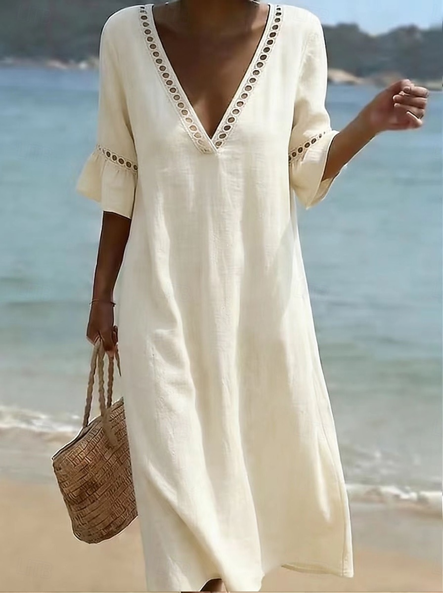 Damen Midikleid Kleider in Leinenoptik Sommerkleid Basic Klassisch Täglich Urlaub Lässiger Schnitt Einfach Halbarm V Ausschnitt Blau Weiß Hellgrün Aprikose Sommer Frühling 2026 - $31.99 –P7
