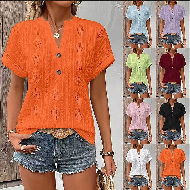 Per donna Blusa Testurizzato Tinta unica Vintage Elegante Essenziale Manica Corta Scollo a V Top Regolari Quotidiano Blu Nero Bianco Rosa Rosso Estate Primavera del 2026 a $28.99 –P13