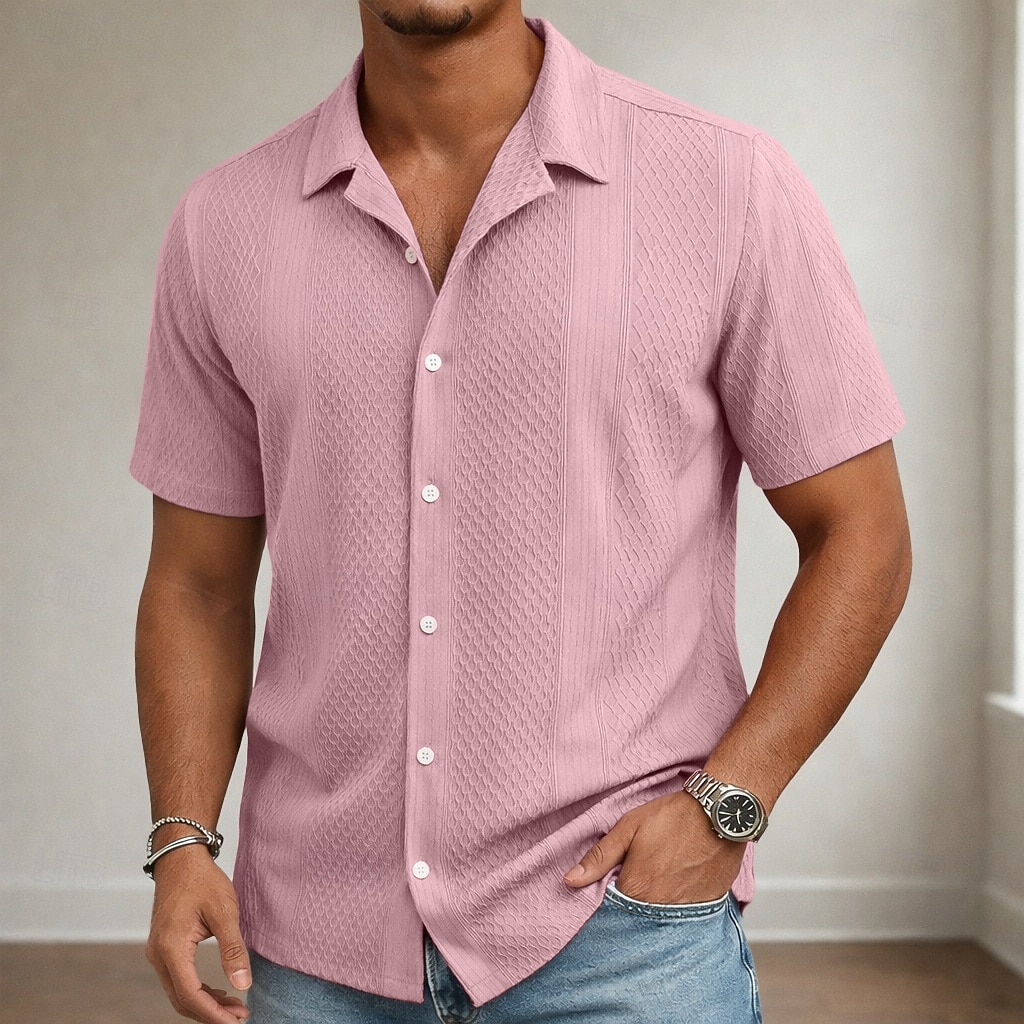 Men's Shirt Casual Shirt Button Up Shirt Jacquard Shirt Black White Pink Navy Blue Apricot Short Sleeve Plain Shirt Collar Casual Daily Clothing Apparel Elegant Fashion Casual 2026 - $26.99 –P4