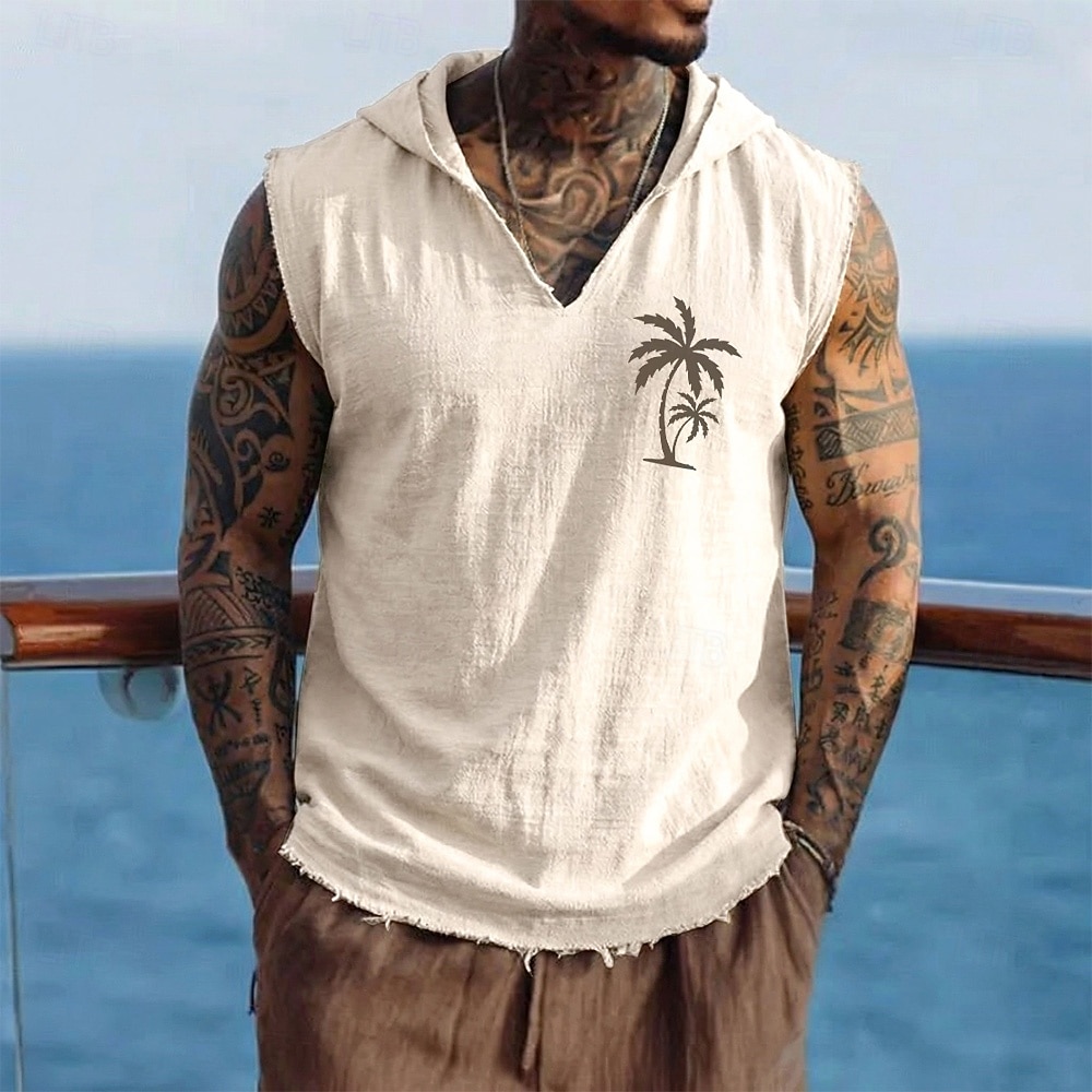 Chaleco con capucha sin mangas para hombre, estilo bohemio tropical costero, con estampado de palmeras, de algodón y lino, con dobladillo deshilachado, corte holgado, ideal para la playa, vacaciones 2026 - $19.99 –P4