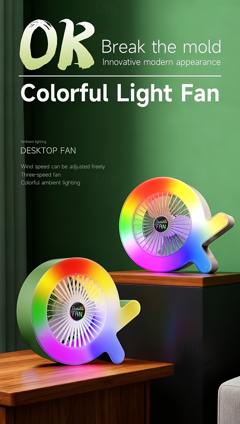 2026年 カラフルなRGB LEDライト付きQ字型卓上ファン、3段階速度調節可能な静音パーソナルテーブルファン、オフィス、寝室、寮のナイトスタンドに最適なポータブルUSB充電式小型ファン、クリエイティブな冷却ファンナイトライトギフト  コレクション – $34.99 –P3