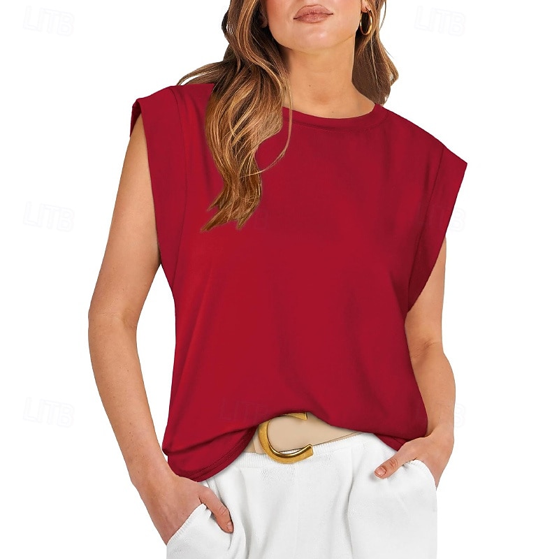 Mulheres Camiseta Côr Sólida Clássico Casual Sem Manga Gola Redonda Tops regulares Diário Para Noite Final de semana Preto Branco Vinho Verde Escuro Damasco Verão Primavera de 2026 por $22.99 –P12