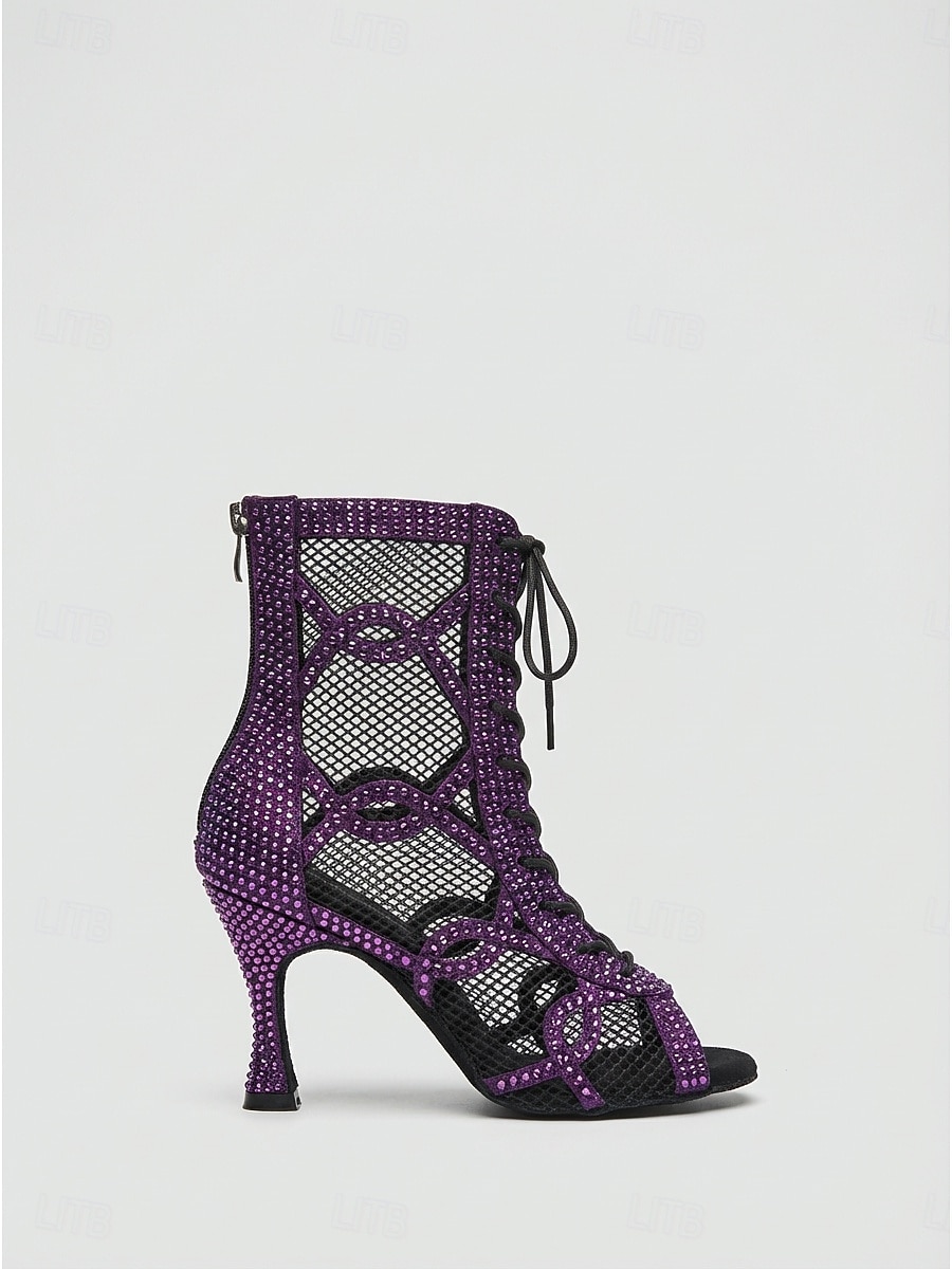 Stivali da ballo latino da donna con strass, scarpe da ballo performanti con tacco alto in rete e lacci per salsa, tango e balli da sala & palcoscenico del 2026 a $84.99 –P2