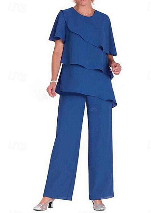 Tweedelig Broek Tot de grond Moeder van de bruid jurk Korte mouw Met sieraad Elegant Grote maten Bruiloft gast Chiffon met Gelaagde ruches 2026 - $160.99 –P13