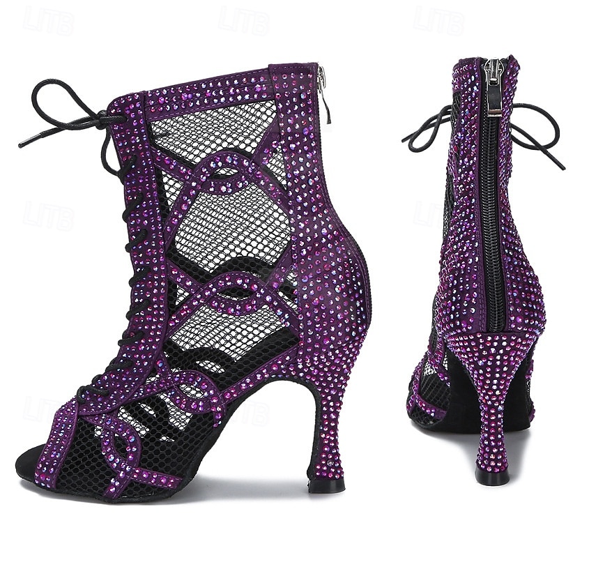 Stivali da ballo latino da donna con strass, scarpe da ballo performanti con tacco alto in rete e lacci per salsa, tango e balli da sala & palcoscenico del 2026 a $84.99 –P4