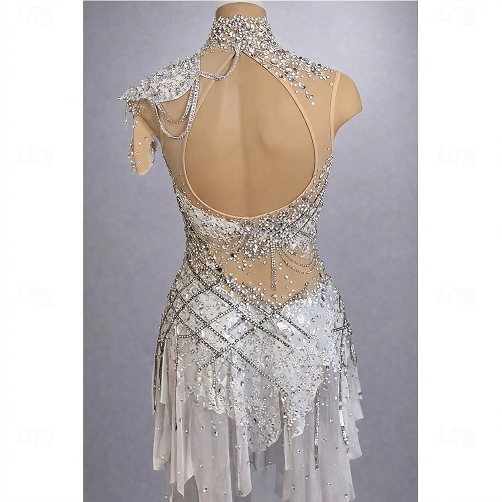 Figure Skating Dress Women's Ice Skating Dress White Patchwork Open Back Stretchy Training Competition Skating Wear Classic Crystal / Rhinestone Sleeveless Ice Skating Figure Skating 2026 - $382.19 –P2