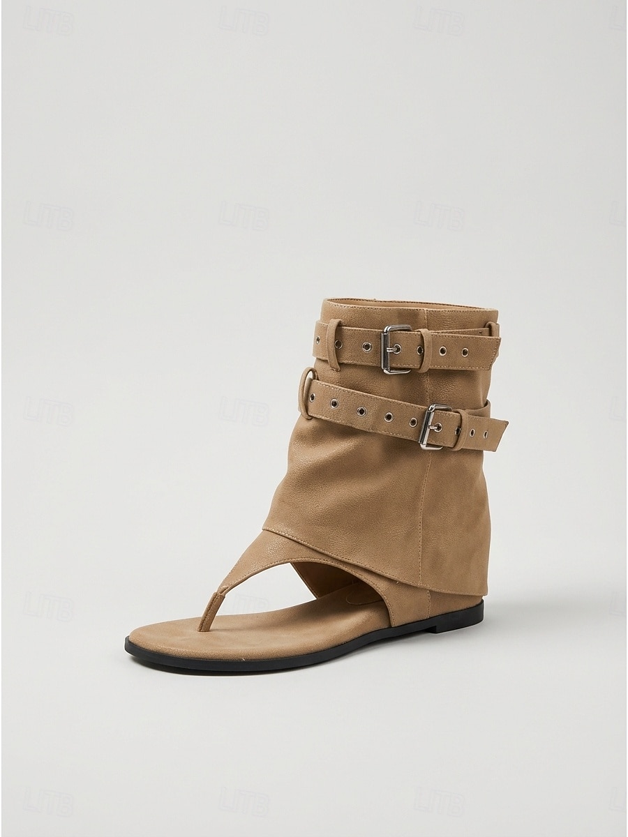 Damskie czarne botki na średnim obcasie z japonkami – stylowe sandały ze skóry ekologicznej z paskami z potrójną klamrą na festiwale muzyczne i imprezy rave &miejska odzież uliczna 2026 - $46.99 –P3