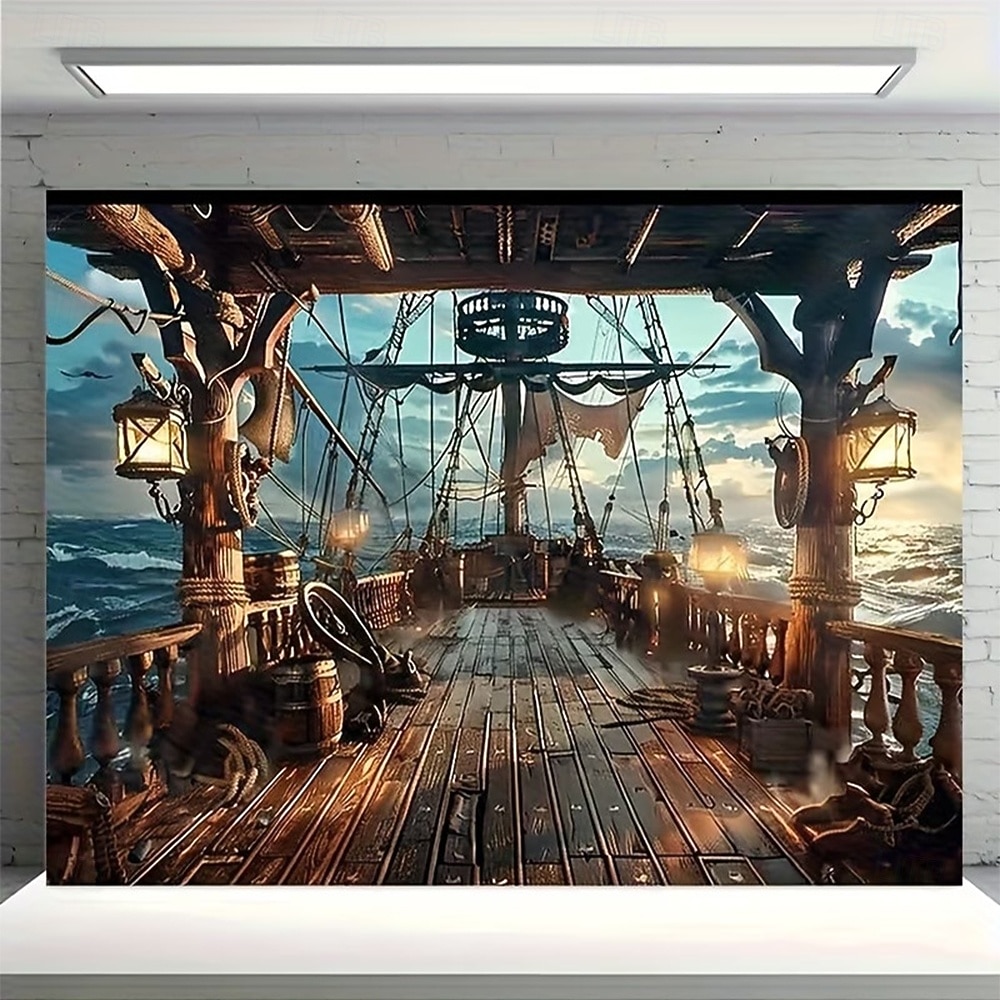piratskepp nautiskt äventyr träskeppsdäck havsvågor havsutsikt lyktor solnedgång väggbonad väggdekoration bakgrund för vardagsrum sovrum man cave tema fest heminredning väggkonst 2026 - $19.99 –P2