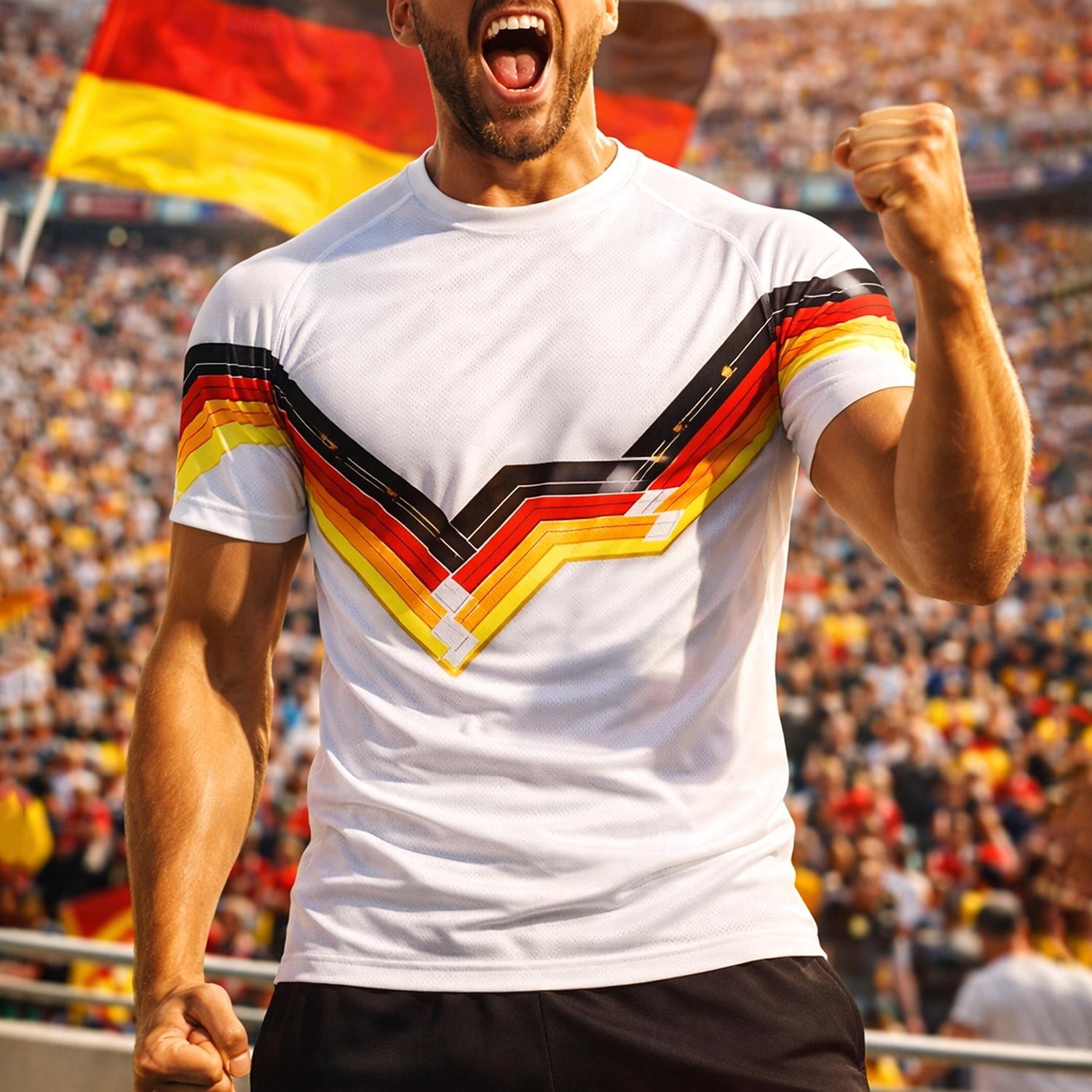 Herren-Fußballtrikot, Deutschland-Farben, weiß mit schwarzen, roten und goldenen Chevron-Streifen, atmungsaktives Mesh-Shirt, UPF 50+, Turnier-Fan-Trainingsshirt 2026 - $18.99 –P1