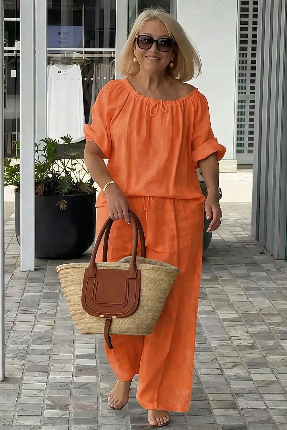 Damen Hosen-Sets Kunstbaumwollleinen Kurzarm Rundhalsausschnitt Einfarbig Mode Streetwear Lässig Täglich Outdoor Blau Schwarz Weiß Frühling & Sommer Lässiger Schnitt 2026 - $44.99 –P7