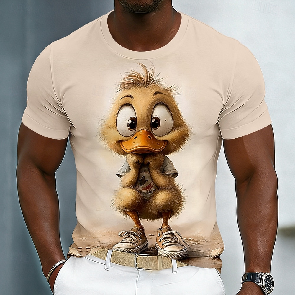 Niedliches Herren-T-Shirt mit 3D-animiertem Entchen in Sneakers, lustiges Motiv, Kurzarm, Rundhalsausschnitt, cremefarben/beige, lässiges Streetwear-T-Shirt, Designer-Kleidung, Größen S, M, L, XL, 2026 - $18.99 –P1