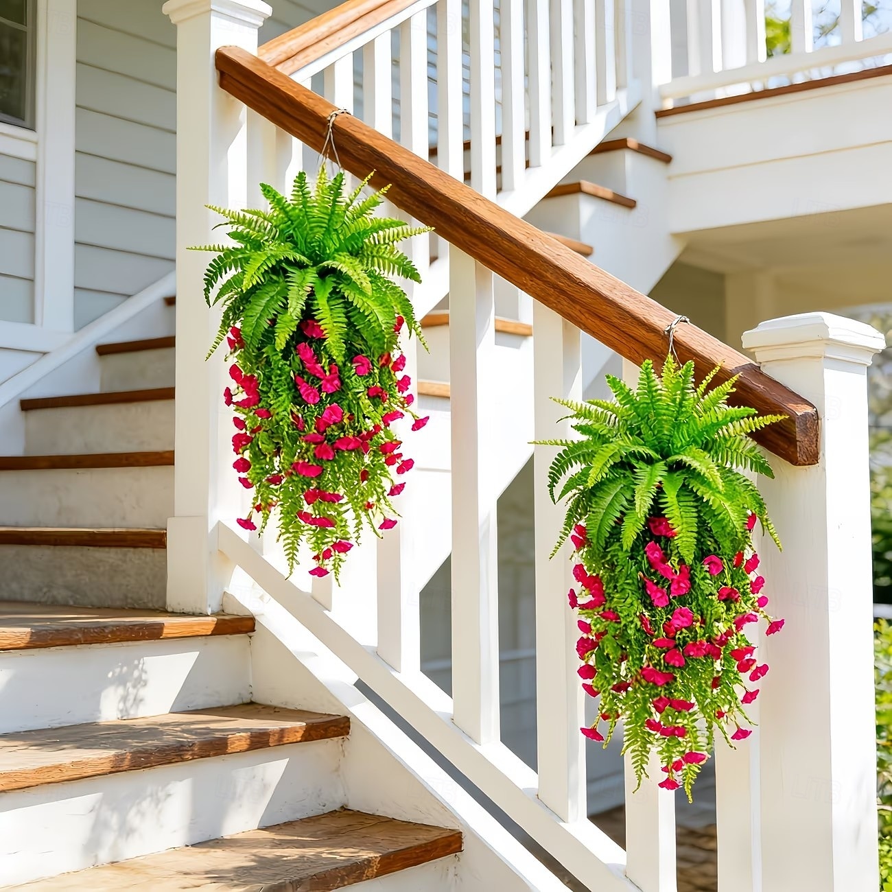 Juego de 3 helechos artificiales verdes con borlas rojas, plantas colgantes para armar tú mismo, ramos de helechos colgantes biónicos realistas, ideales para la decoración del hogar, el porche y el 2026 - $19.99 –P6