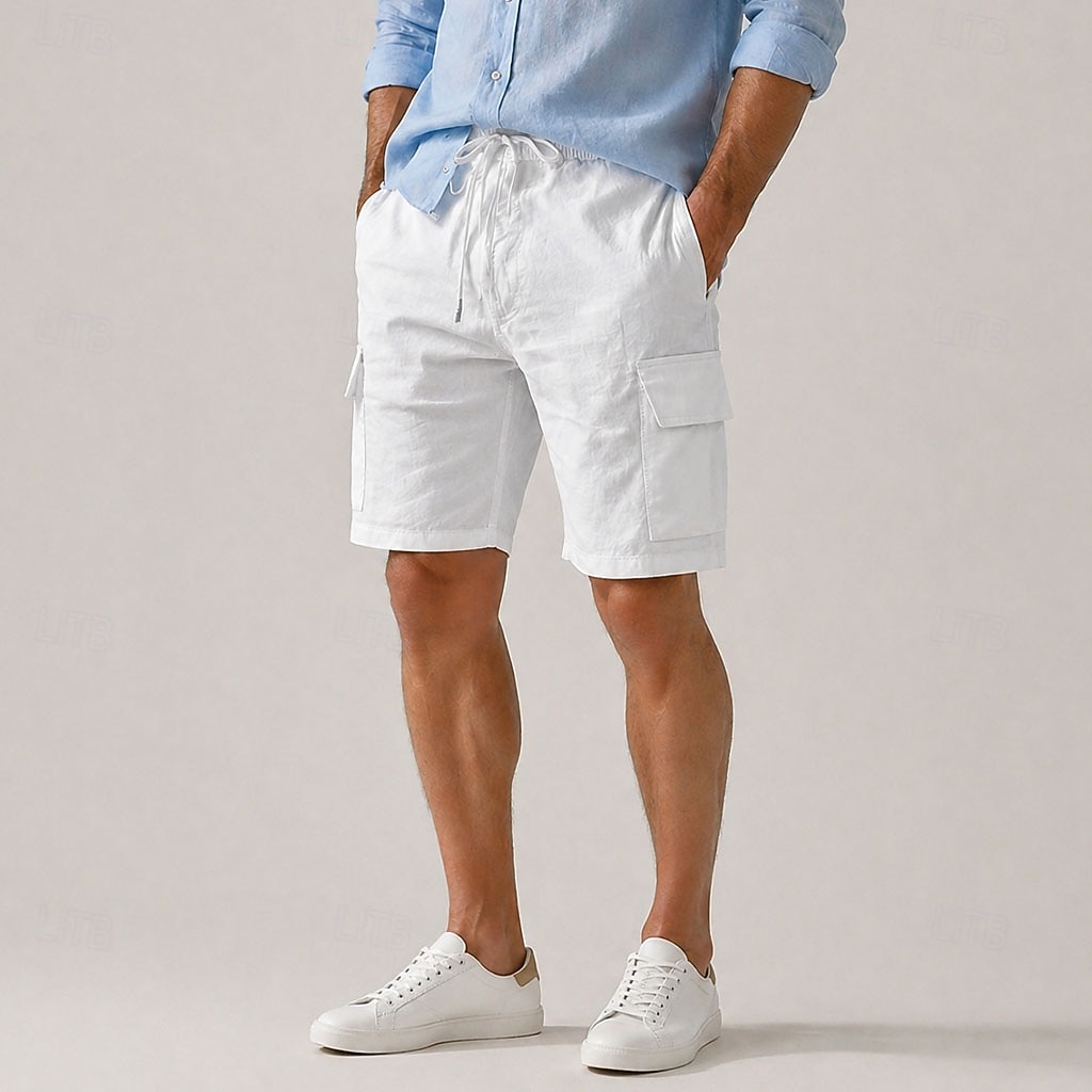 Short cargo en lin pour homme – longueur genou, taille élastique avec cordon de serrage, multipoches, confortable &respirant, décontracté, extérieur &vacances à la plage, noir & blanc de 2026 ? $35.99 –P1