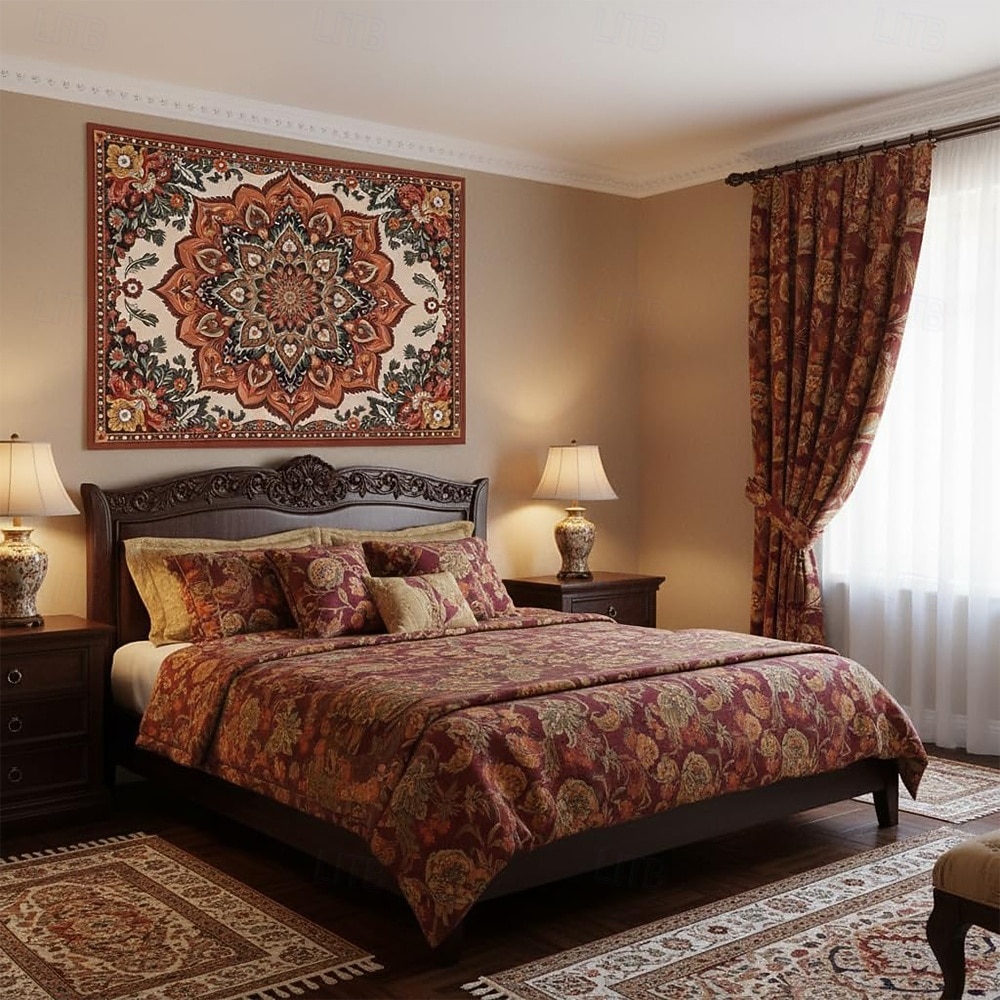 Tapiserie de perete cu mandala boho, semilună, noapte înstelată, floare, agățat de perete, portocaliu ars, hippie, artă psihedelică, poster mare din material textil, pentru dormitor, cămin, living, 2026 - $20.99 –P5