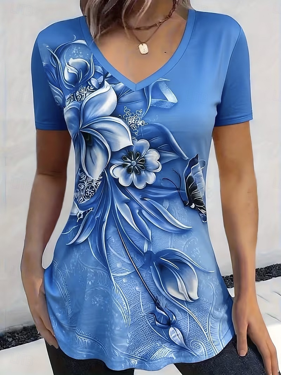 Per donna Maglietta Stampato Ombre Floreale Grafico Elegante Classico Casual Manica Corta Scollo a V Top Regolari Quotidiano Blu Rosso Arancione Grigio Estate Primavera del 2026 a $22.99 –P3