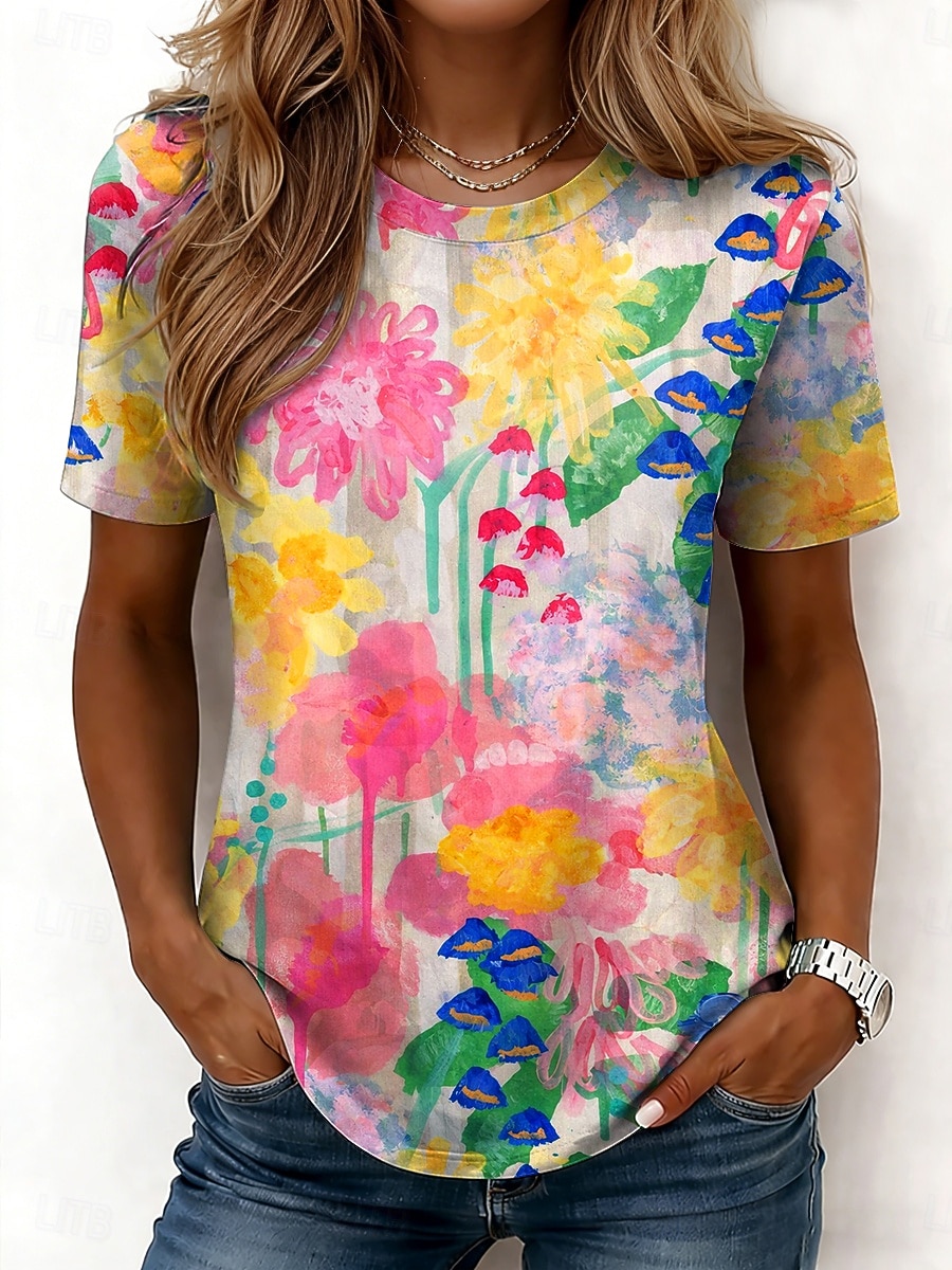 Dam T-shirt Mönster Blommig Grafisk Mode Stylish Klassisk Kortärmad Rund hals Vanliga toppar Ledigt Dagligen Helgen Blå Rodnande Rosa Purpur Grön Sommar Vår 2026 - $21.99 –P1