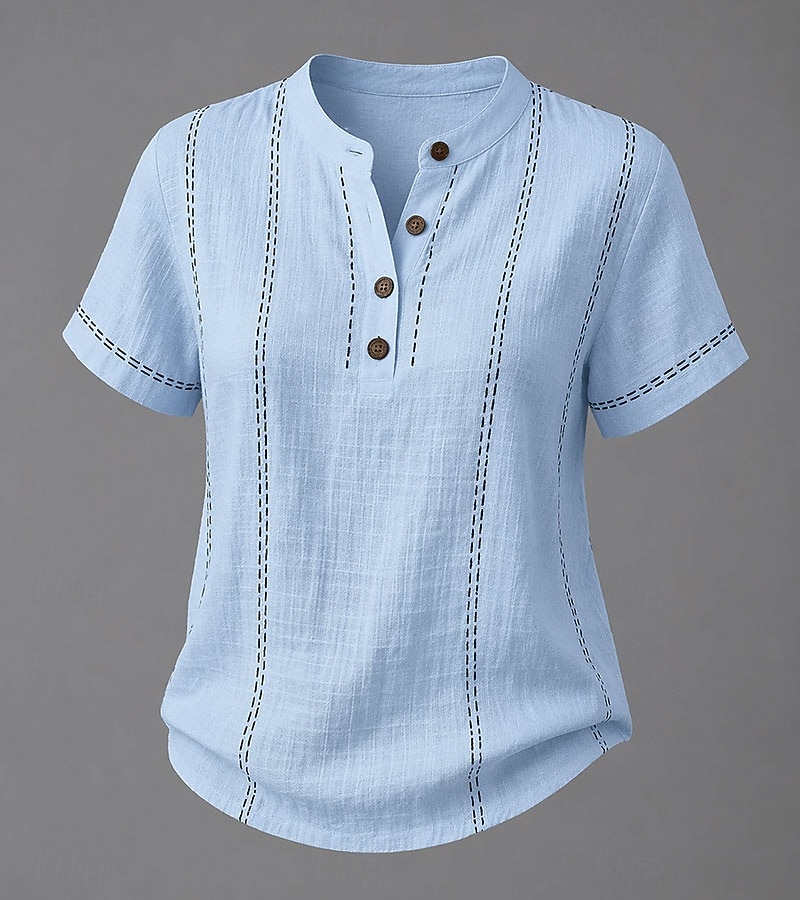 Dámské Tričko Tričko Henley Tričko Top Knoflíky Proužky Módní Krátký rukáv Henley Běžné topy Ležérní Plážové léto Bílá Světlá růžová Nebeská modř Léto Jaro 2026 - $27.99 –P1