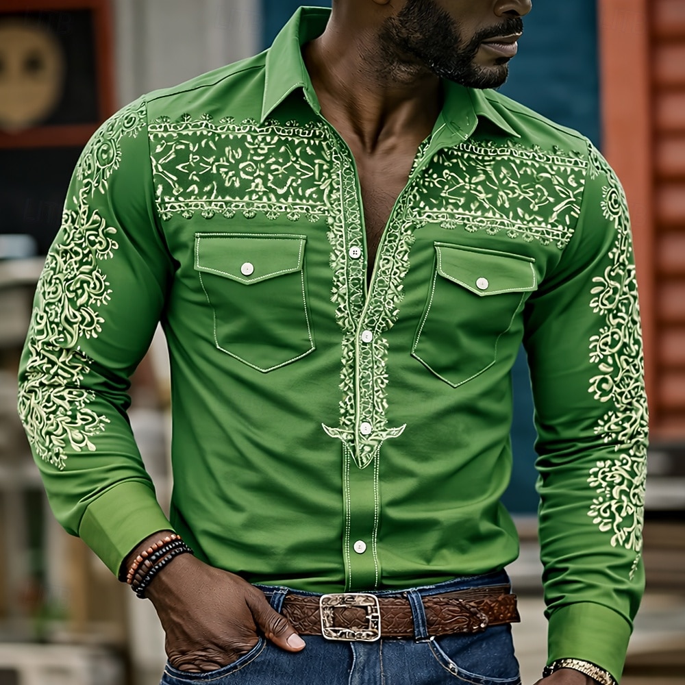 Herren Kuhmuster Ethnisch Komplizierte Blumen Hemd Westernhemd Cowboy-Shirt Langarm Vintage-Retro Lässig Outdoor Arbeitskleidung Frühling Herbst Umlegekragen Zwei Fronttaschen Leinenähnliches Hemd 2026 - $27.99 –P3