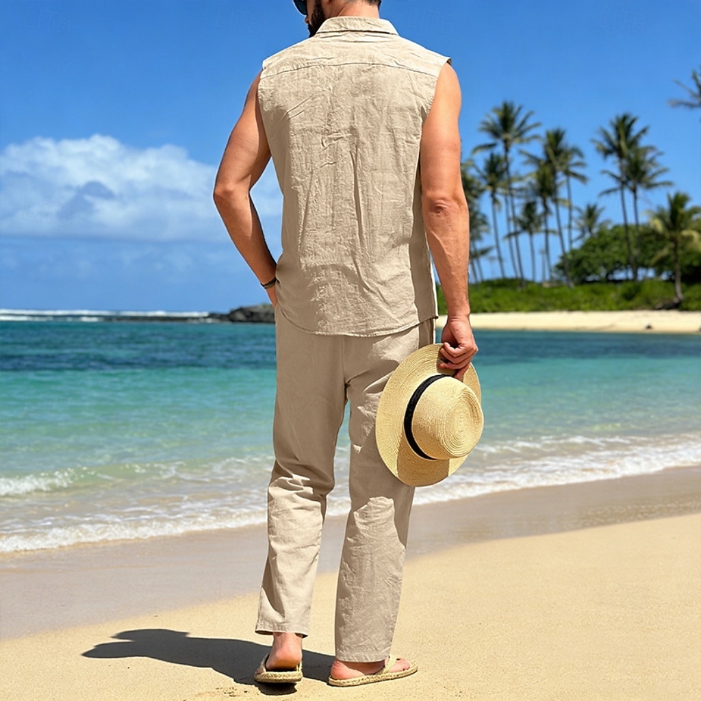 Male Linen Shirt 2 Piece Shirt Set And Linen Pants Trousers Casual Pants Set Plain Daily Outdoor Vacation Turndown Sleeveless Summer Fashion Casual Comfortable Clothing Apparel 2026 - $36.99 –P18