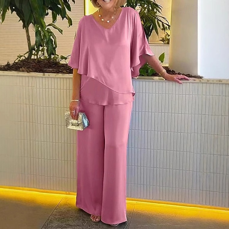 Femmes Chemisier Pantalons à Jambes Larges Manche 3/4 Col en V Uni A Volants Mode Streetwear Quotidien Occasionnel Quotidien Rose Claire Violet Kaki Printemps & Automne Coupe régulière de 2026 ? $15.49 –P3