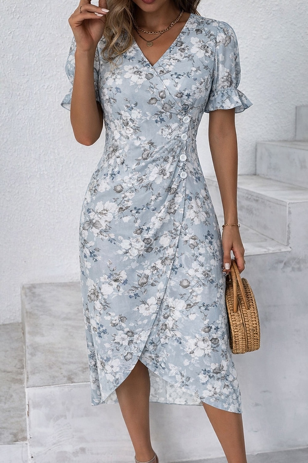 Women's Midi Dress Summer Dress Ruffle Dress Bodycon Dress Vacation Party Casual Regular Fit Floral Graphic Short Sleeve V Neck Blue Yellow Pink Summer Spring 2026 - $41.99 –P1