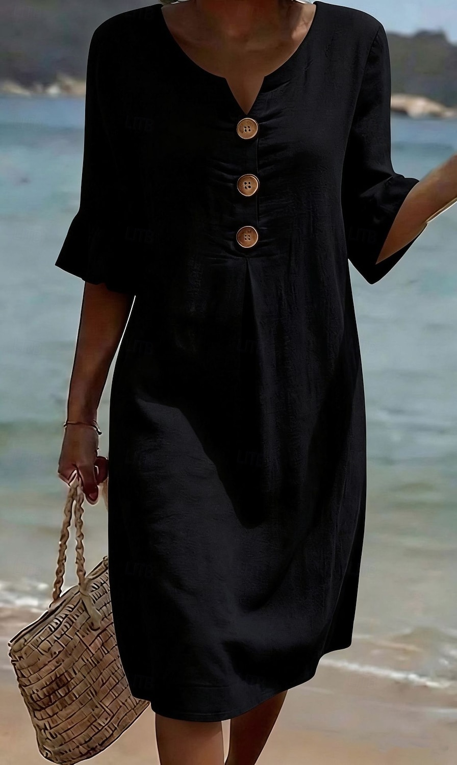 Damskie Sukienka midi Sztuczna bawełna len Sukienka trapezowa Codzienny Codzienny Luźna Równina Rękaw 3/4 W serek Niebieski Czarny Biały Zielony Lato Wiosna Jesień 2026 - $13.49 –P4