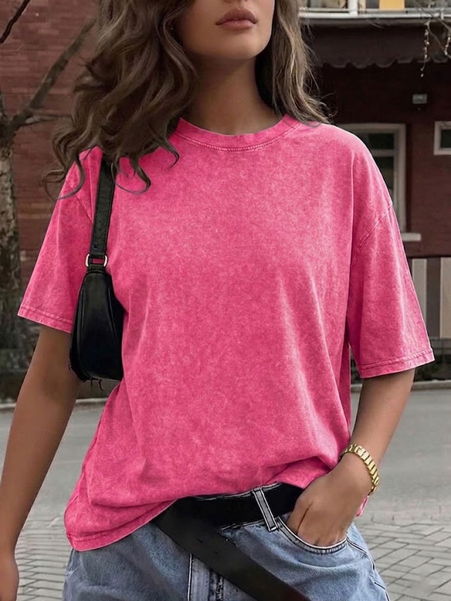 Tricou damă 100% bumbac, vintage, spălat, topuri, modă, stilat, clasic, mânecă scurtă, guler rotund, topuri lungi, casual, zilnic, plajă, trandafir, roșu, albastru, verde iarbă, negru, portocaliu, vară, primăvară 2026 - $21.99 –P11